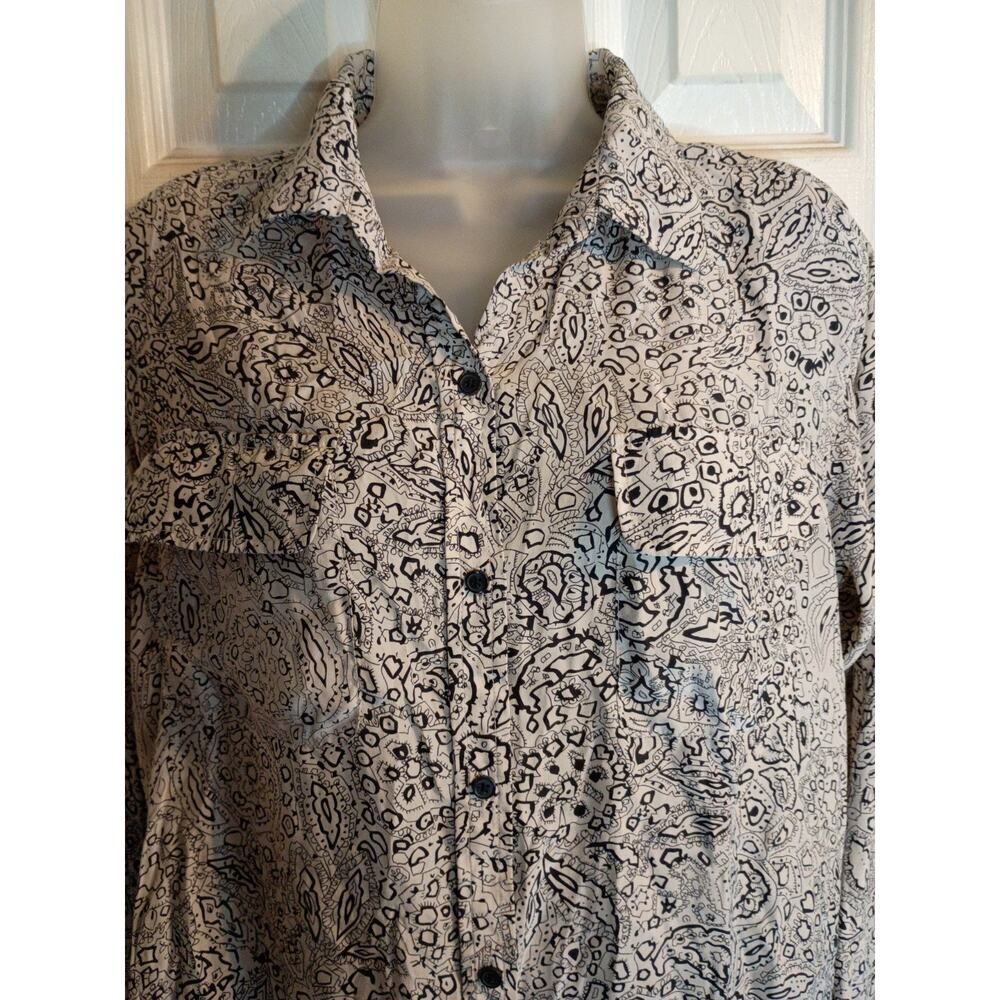 Cabi 100% Silk Button Up Shirt Brown Geometric Sz M Classic